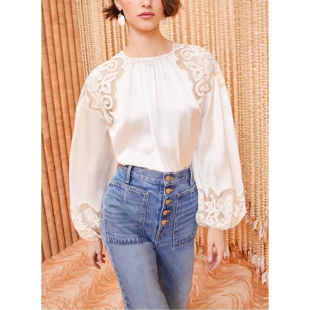 NWT Ulla Johnson Silk White Long-Sleeve Mathilde Lace-Trimmed Blouse